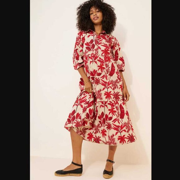 M Maeve x Anthropologie The Bettina tiered shirt dress in Red floral - Picture 2 of 11
